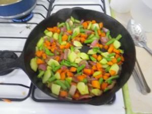 I added way more veggies than I normally used to, when I was pretty much guaranteed to have onions and carrots on hand, but not much else. Here, you can see red onion, carrot, green beans, chayote, and garlic.