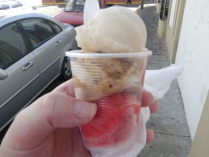 Strawberry, prune, and nut ice creams.