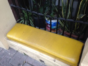 Outside, someone turned this window into a bench.