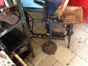 Treadle sewing machine at the leather repair shop.