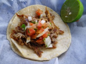 Carnitas (shredded pork) taco.